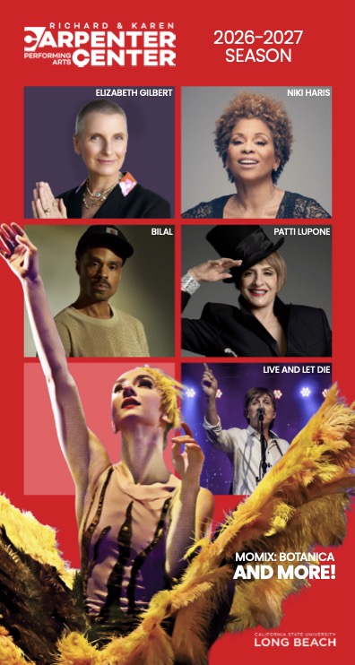 Cover of the Carpenter Center's Season Brochure featuring images of Elizabeth Gilbert, Niki Hairs, Bilal, Patti LuPone, and more.