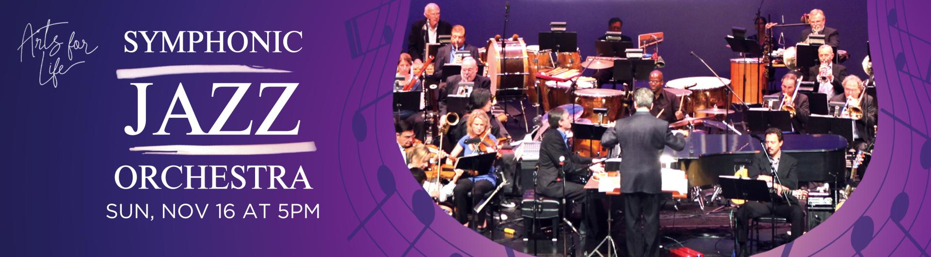 Members of Symphonic Jazz Orchestra performing on stage. Their logo is superimposed to one side.