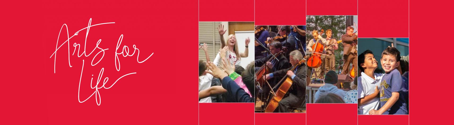Montage of photos from various Arts for Life events showing musicians and children